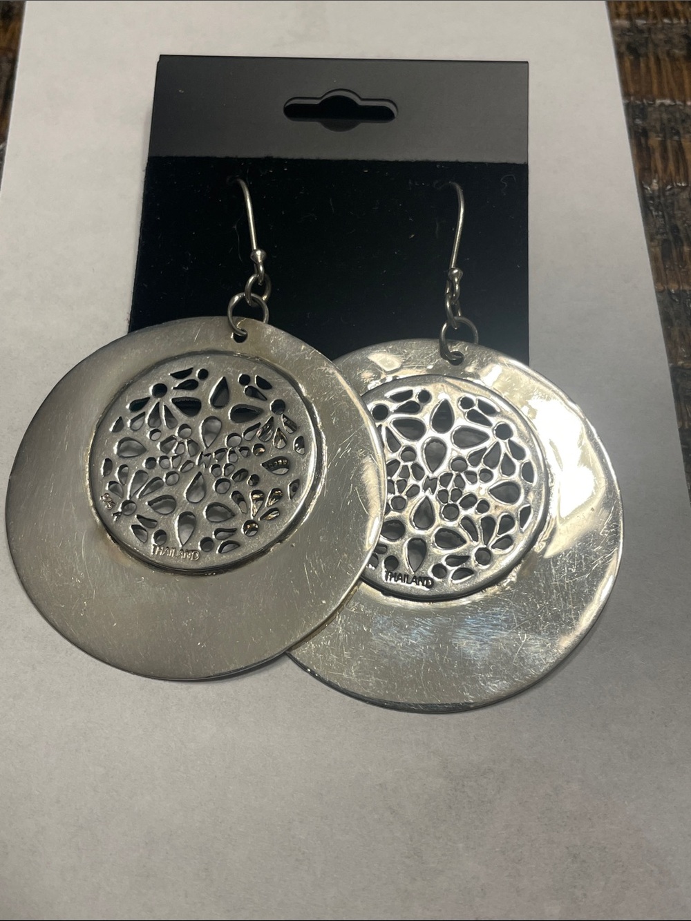 Vintage Thai 925 Sterling Silver Cutout Medallion Drop Earrings Signed A